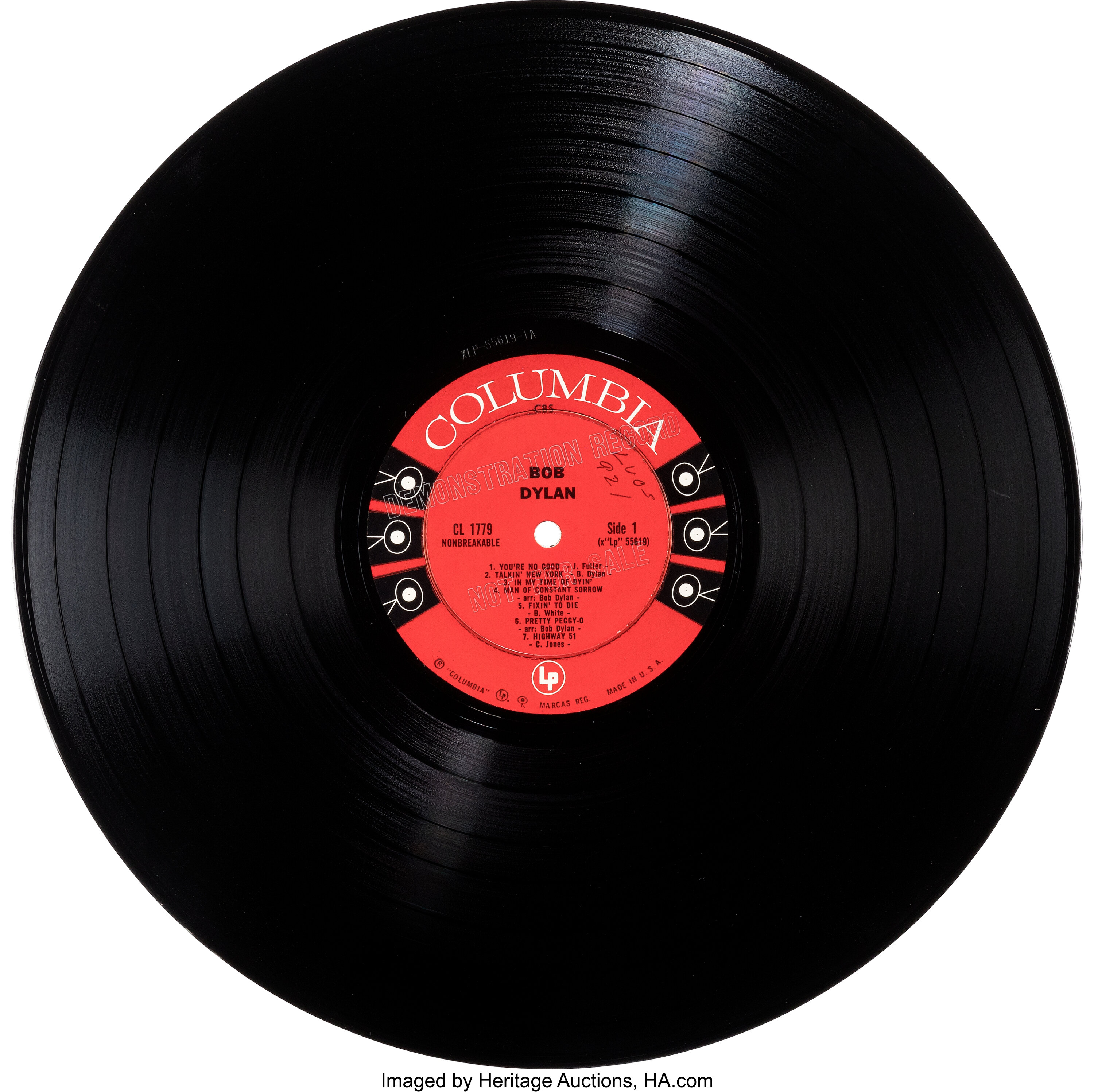 Bob Dylan 1962 Demonstration Radio Vinyl Record With 6-Eyes